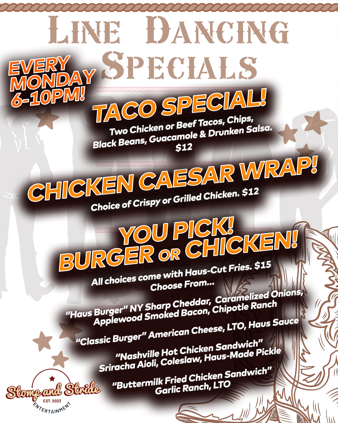 Line Dancing Food Specials Monday 6-10PM